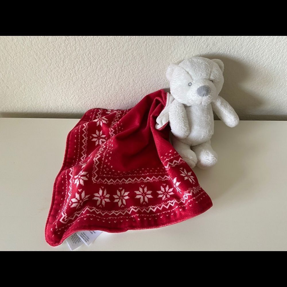 Carter’s White Teddy Bear Red Rattle Security Blanket Snowflake Fair Isle Lovey